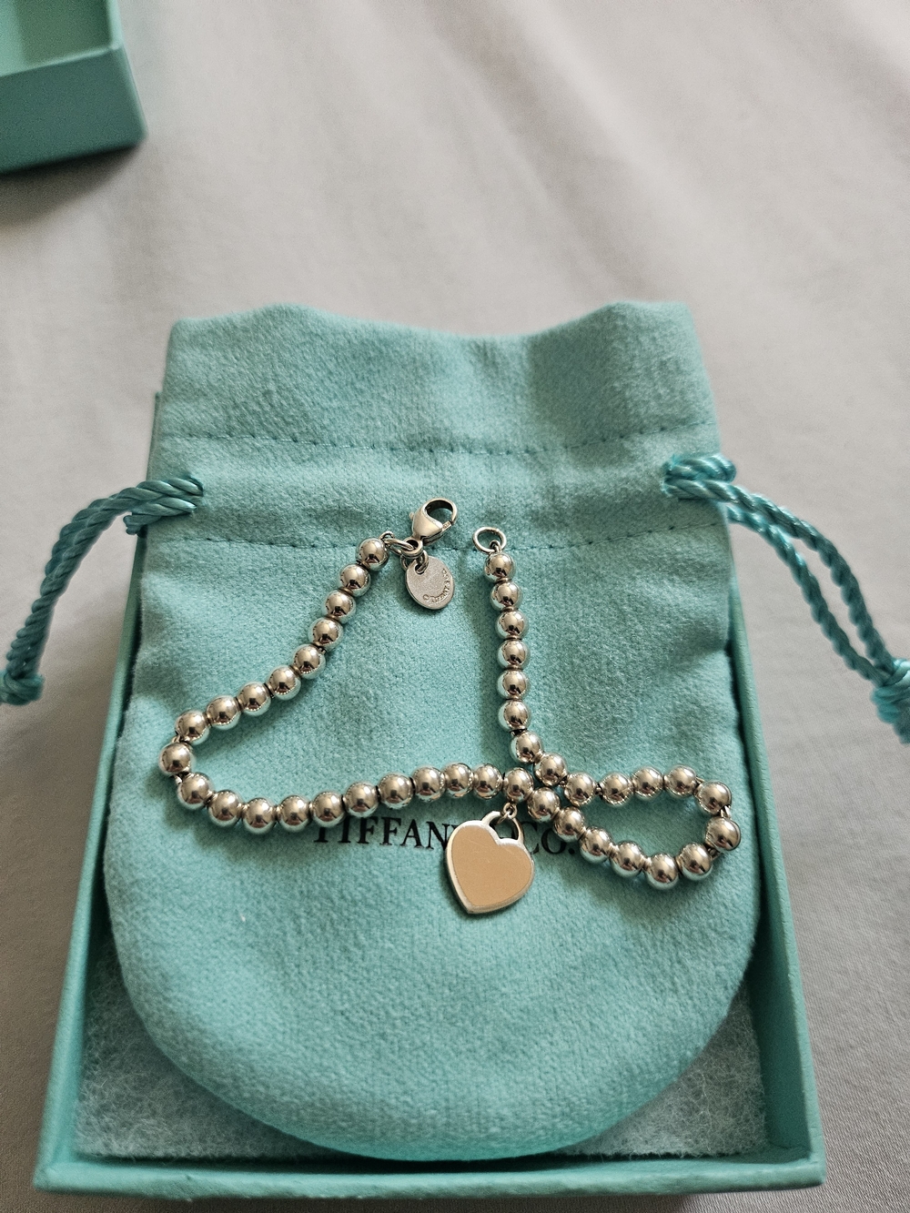 Tiffany & Co. Sterling Silver Bead Bracelet with Heart Tag - Blue (Pouch)